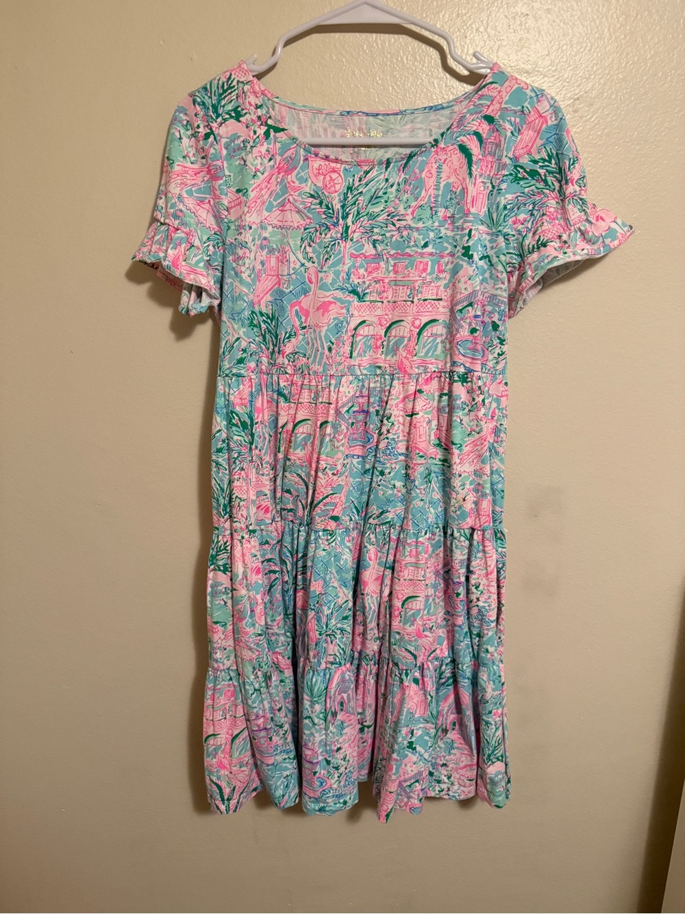 Lilly Pulitzer Pink & Teal Tropical Print Short Sleeve Tiered Dress